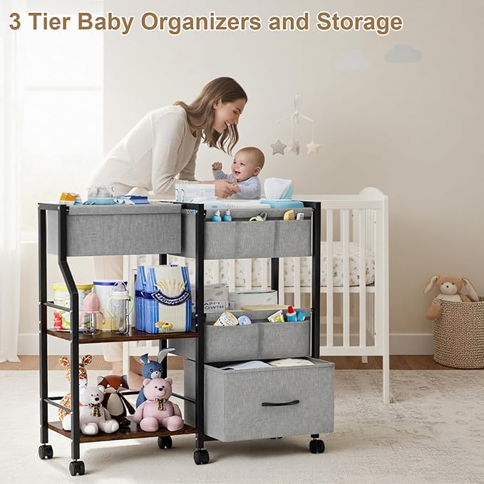 Baby Diaper Caddy Organizer and Storage, 3 Tier Rolling Cart with Dividers and Drawers, Mobile Utility Cart with Wheels for Nursery, Bedroom, Baby Newborn Essentials Storage Cart, Black