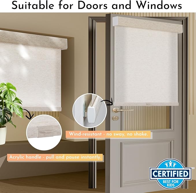 Persilux Light Filtering Roller Shades for Window Blinds,Cordless,Linen Fabric,Thermal Insulated Fabric UV Protection Shades for Home,Office,Bedroom,Door,Light Filtering-Cream,35" W X 72" H