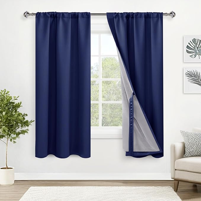 XWZO 100% Blackout Curtains 63 Inches Long with Tiebacks- 2 Layers Full Light Blocking with Black Liner Curtains for Bedroom/Living Room, Rod Pocket & Back Tab, Navy Blue, W42 x L63, Set of 2