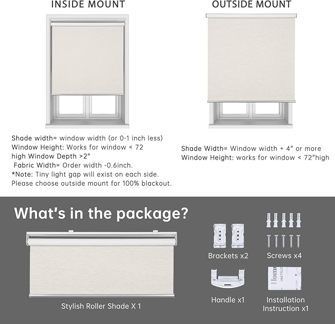 Homebox Cordless Blackout Roller Shades for Windows, 100% Room Darkening Blinds with Thermal Insulated Easy Install Spring System for Home, Living Room, Nursery (41" W x 72" H, Light Beige)