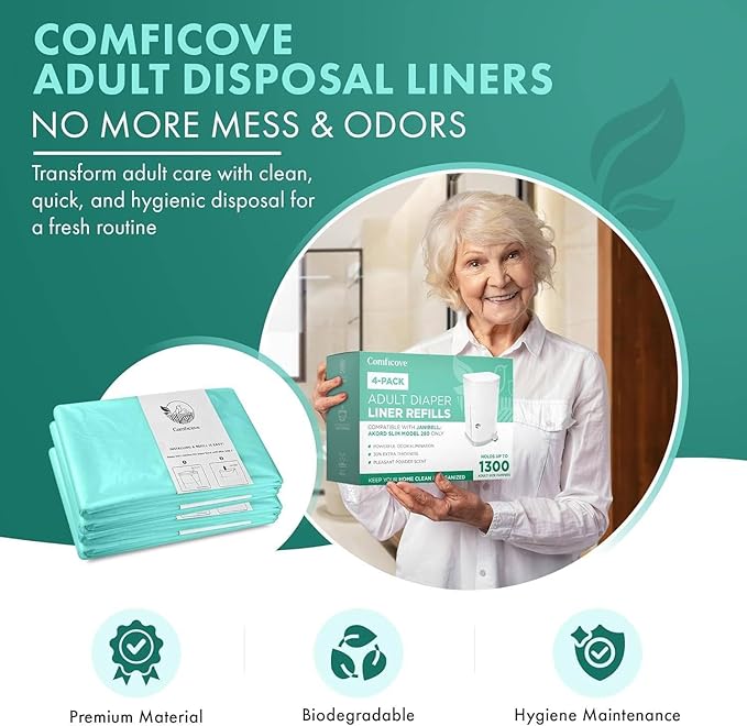 4 Pack Adult Diaper Liner Refills, Compatible with Janibell Akord 280 Slim Model, Adult Diaper System to Eliminate Waste, Odor Resistant by Comficove (4pk)