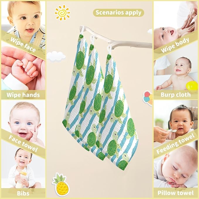 vvfelixl Baby Muslin Washcloths Cute Characters Green Turtles Baby Burp Cloths Cotton Baby Face Towel for Newborn Infants Boys Girls Soft and Absorbent 11.8 X 11.8 in, 3 Pack