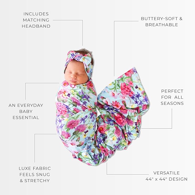 Posh Peanut Soft Baby Swaddle & Headband Set – Viscose from Bamboo Newborn Wrap Receiving Blanket, Nursing or Stroller Cover (Hadley