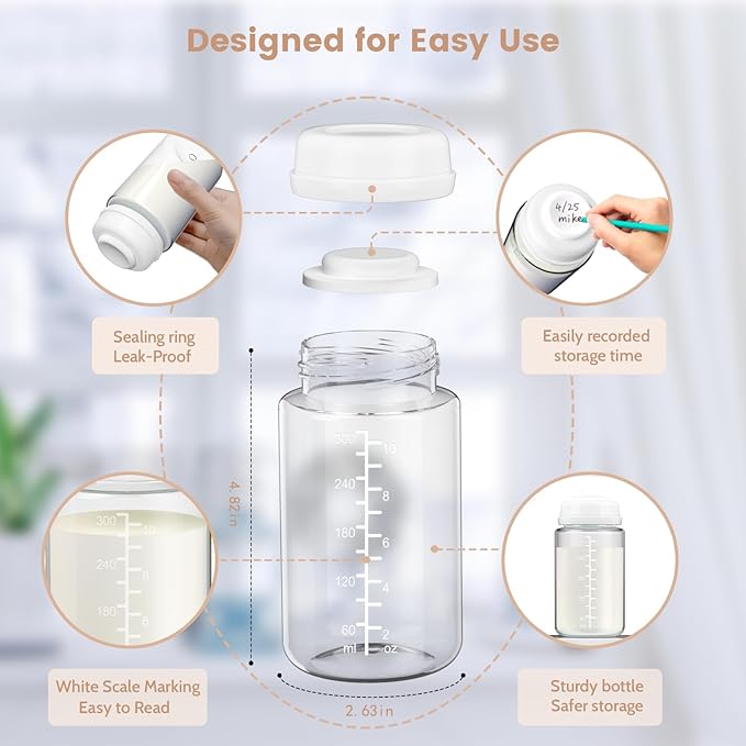 IVARONAL 4 Pack 10oz Wide-mouth Breastmilk Storage Bottle for Momcozy 22oz Portable Breast Milk Cooler, Pumping Storage Containers Compatible with Spectra S1/S2/9 Plus/SG/Motif Luna (4PC/White Lids)