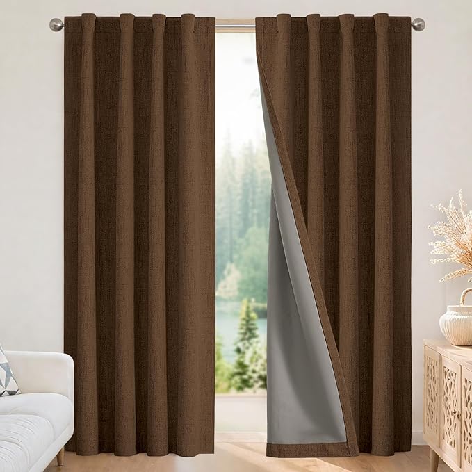 Joydeco Linen Blackout Curtains for Bedroom - 100% Light Blocking 1 Panels, Cappuccino Drapes 100" W x 108" L, Thermal Insulated Room Darkening Curtains for Living Room, Rod Pocket & Back Tabs