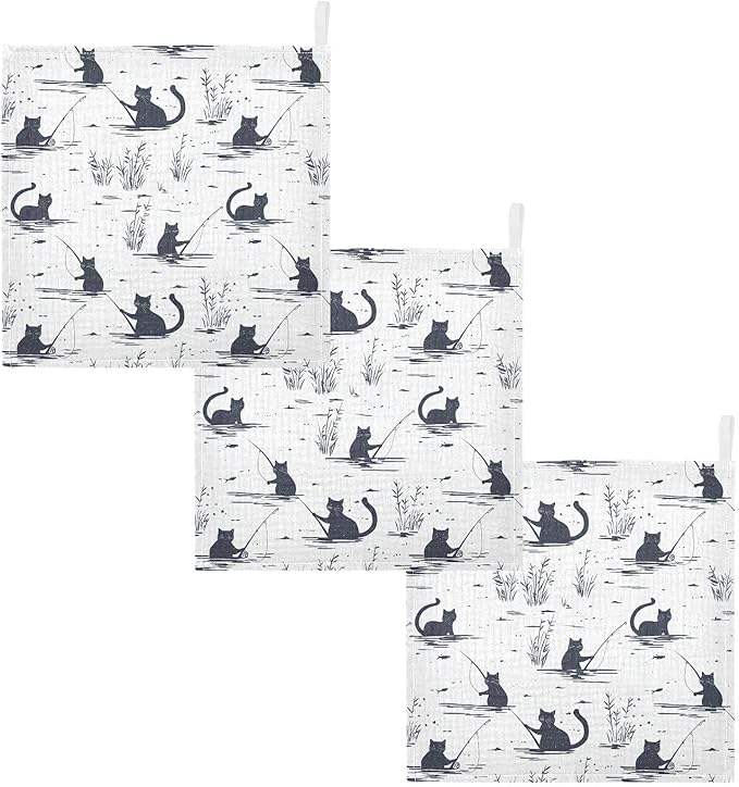 vvfelixl Baby Muslin Washcloths Cat Fishing Baby Burp Cloths Cotton Babys Face Towel for Newborn Infants Boys Girls Soft and Absorbent 11.8 X 11.8 in, 3 Pack