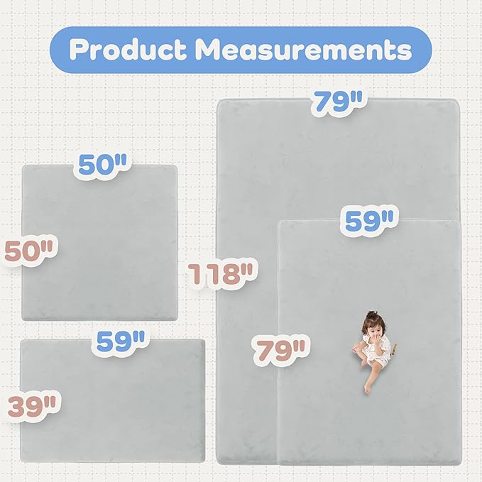 1.5" Thick Baby Play Mat for Floor, 39x59 Playpen Mat, Pro Soft Flannel Foam Mats Toddler Infant Kids Crawling for Nursery Rug Playroom Living Room Waterproof Easy Care Non-Slip (Light Grey)