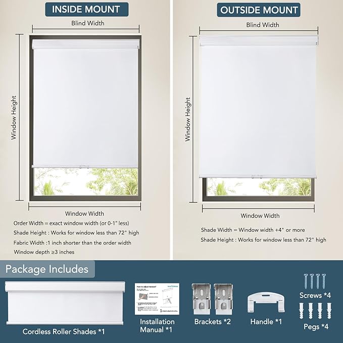 Roller Window Shades Free-Stop Cordless Blackout Blinds, Thermal Insulated Pull Down Shades for Windows, UV Protection Fabric Roller Blinds for Home Office (32.75" Wx72 H, White)