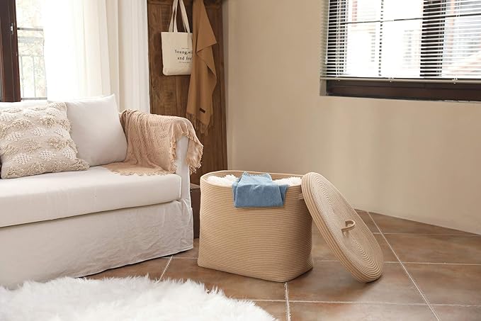 22"x14"x18" Rectangular Extra Large Storage Basket With Lid, Large Cotton Rope Storage Basket, Woven Laundry Hamper, Cloth Storage Bin, for Clothes Towels Blankets in Living Room, All Beige