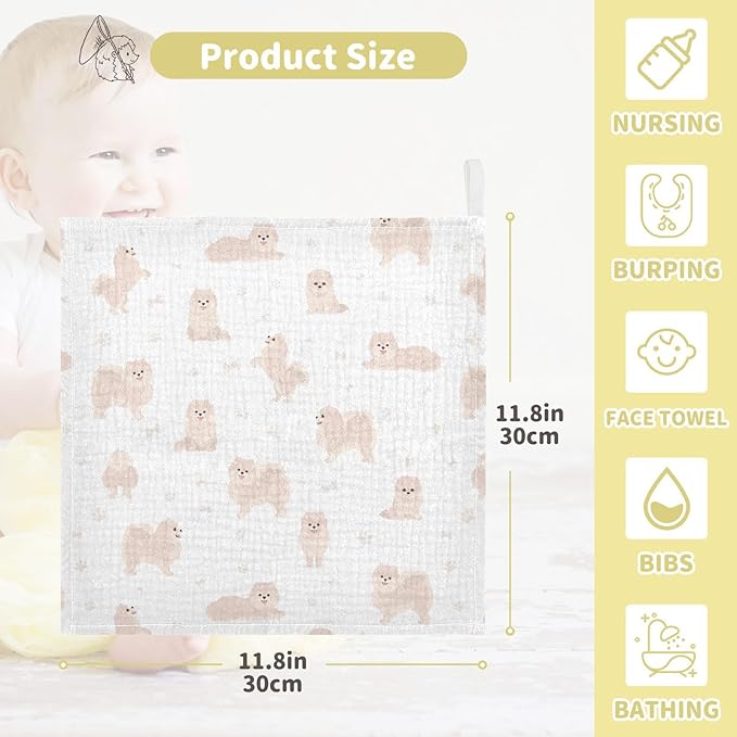 vvfelixl Baby Cotton Washcloths Pomeranian German Spitz Infants Bath Towel for Unisex Puppy Face Towels for Newborn, Natural Baby Wipes Delicate Skin, 11.8 X 11.8 inch, one sizex3