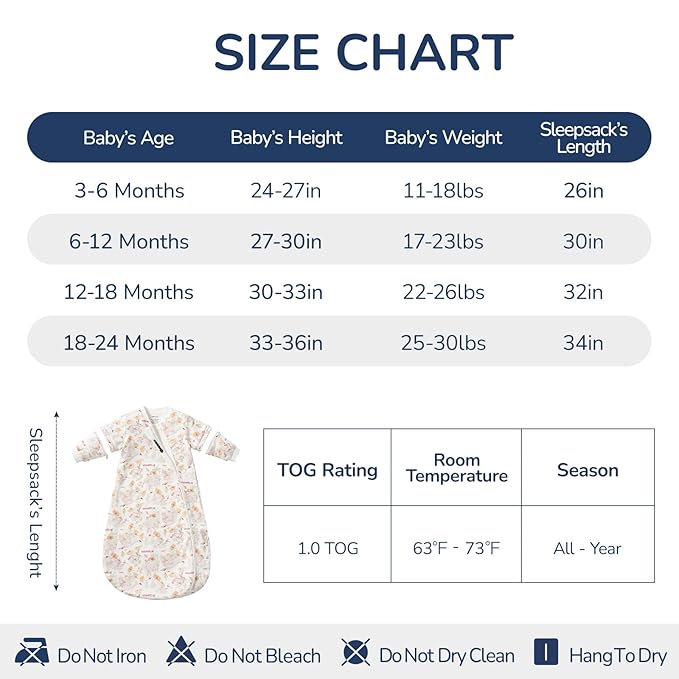 Baby Sleep Sack 6–12 Months, Cotton Sleep Sack with Detachable Long Sleeves, 1.0 TOG Wearable Blanket for Cooler Nights, 2-Way Zipper Toddler Sleeping Sack with Temperature Strip, Floral