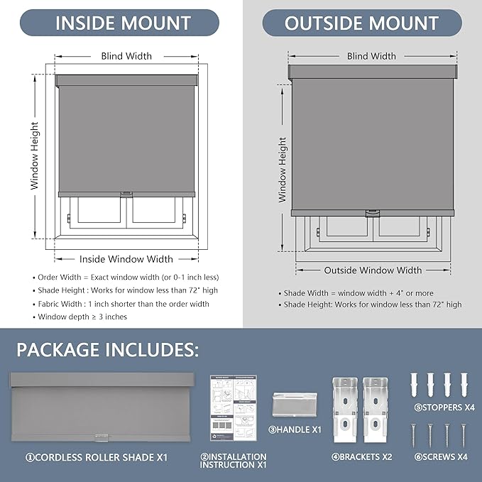 AOSKY Blackout Roller Shades Cordless Blinds for Windows, Free-Stop Shades with Valance, Thermal Insulated Fabric, UV Protection, Natural Woven Blinds for Home and Office (41" W x 72" H, Grey)