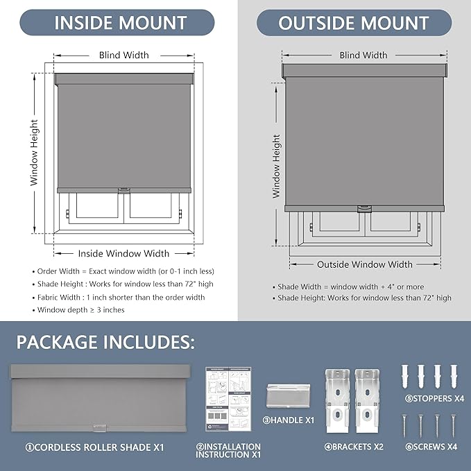 AOSKY Blackout Roller Shades Cordless Blinds for Windows, Free-Stop Shades with Valance, Thermal Insulated Fabric, UV Protection, Natural Woven Blinds for Home and Office (23" W x 72" H, Grey)
