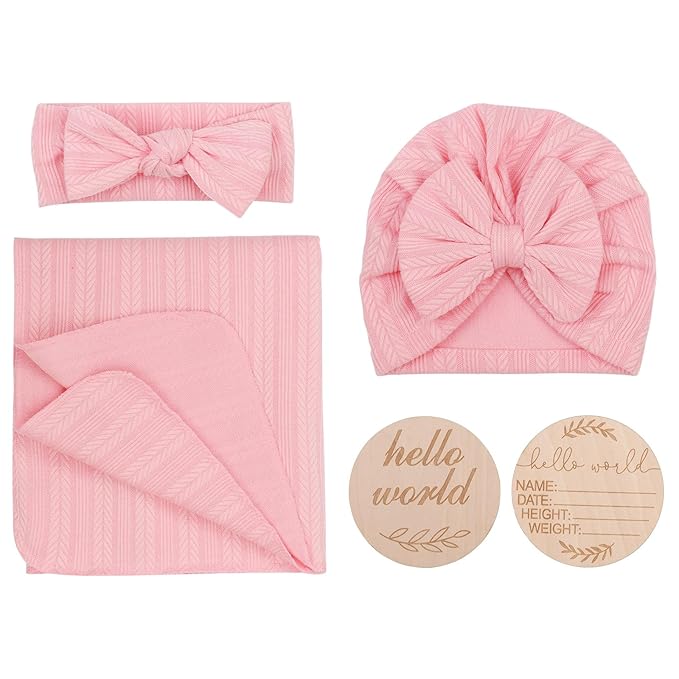 BQUBO Baby Swaddle Blankets for Girls, 4PCS Newborn Accessories Set with Hat and Bow Headband with Hello World Wooden Birth Announcement Card, Baby Blankets for Girls (Pink)