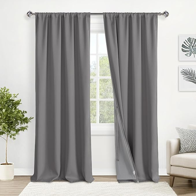 XWZO 100% Blackout Curtains - Extra Long Rod Pocket & Back Tab Thermal Insulated Black Liner, Noise Reducing and Heat Blocking Drapes for Bedroom with Tiebacks, Grey, W52 x L108, Set of 2