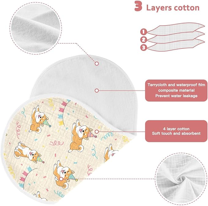 Qinllo 2 Pack Muslin Burp Cloths Shiba Dogs Party Beige Cotton Baby Burp Cloths Extra Absorbent and Soft Burping Cloth for Baby Boys Girls 22x11 Inch