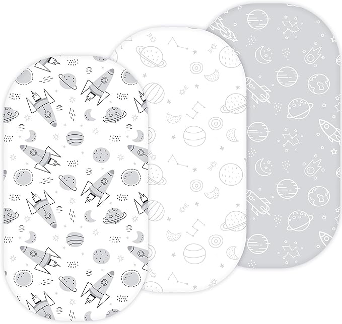 Bassinet Sheets for Baby Delight Snuggle Nest, Beside Me Doze, Snoo Smart, Fisher Price by TansyPanda, 3PC, 32 x 17 Inch, Ultra Soft, Breathable, Snug Fit, Unisex Boys, Girls (Space Rockets)