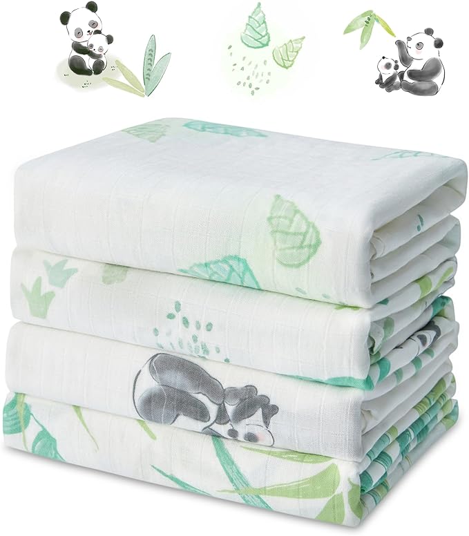 4-Pack Baby Swaddle Blankets, Soft & Breathable Muslin Swaddle for Newborns, 47 x 47 Inches, Unisex, Panda & Bamboo Forest Prints
