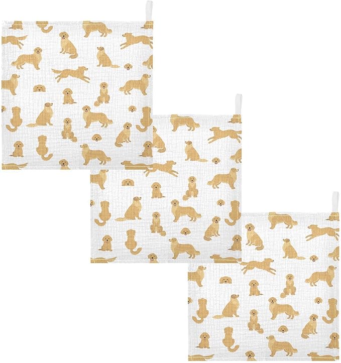 vvfelixl Baby Cotton Washcloths Golden Retriever Dogs Infants Bath Towel for Unisex Goldies Puppy Face Towels for Newborn, Natural Baby Wipes Delicate Skin, 11.8 X 11.8 inch, one sizex3