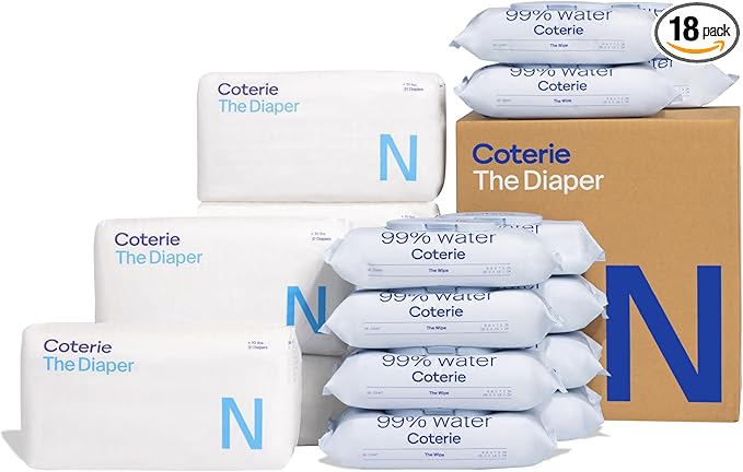 Coterie Baby Wipes + Diapers Kit, Size Newborn Diapers (186 Count) & 12 Pack (672 Count) Baby Wipes with 99% Water, Plant Based Materials, Hypoallergenic for Sensitive Skin