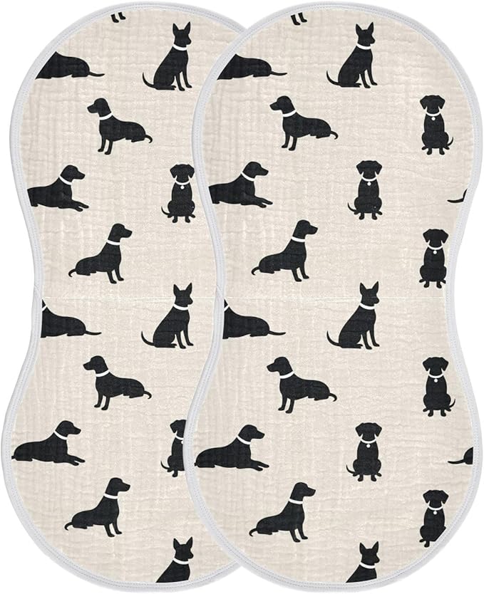 Qinllo 2 Pack Muslin Burp Cloths Dogs Beige Cotton Baby Burp Cloths Absorbent Soft Burping Cloth Washcloths for Newborn Must Haves 22x11 Inch