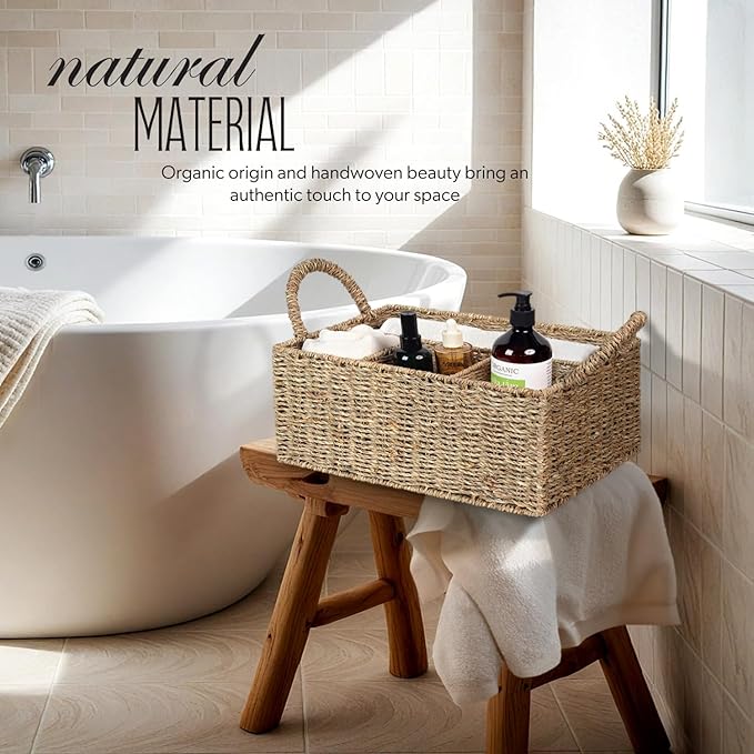 Wicker Divided Baskets with Handles, Seagrass Pantry Baskets, Storage Basket Woven Natural for Organizing Bathroom Kitchen Shelves Office Supplies Organization, Wicker Storage Baskets 4 Section.