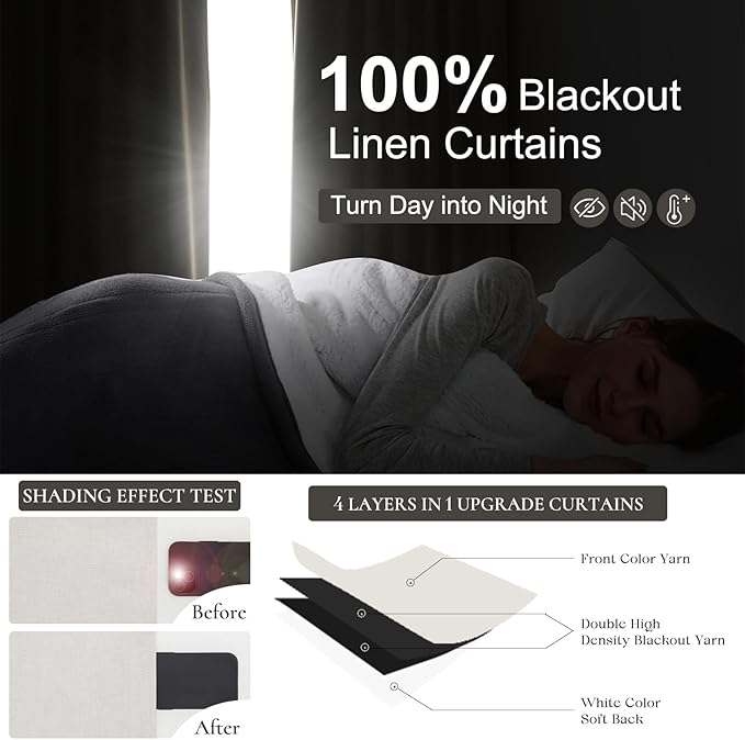 Short Linen Blackout Curtains for Bay Windows 48 Inch Length Bedroom/Living Room/Bathroom, Heat Blocking Cute 48 Inches Long 2 Panels Set, Birch Cream Ivory Drapes (40"x48"x2 Back Tab/Pinch Pleated)