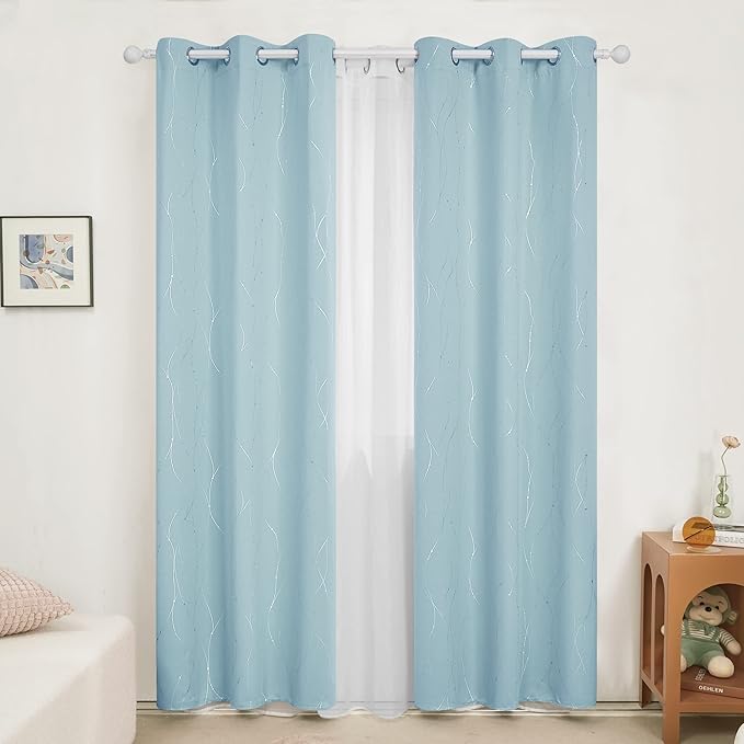 Deconovo Blackout Curtains, Thermal Insulated Soundproof Grommet Drapes, Wave Dot Foil Print, 38 x 90 Inch, Set of 2, Machine Washable Window Panel for Bedroom Living Room Nursery Kitchen, Light Blue