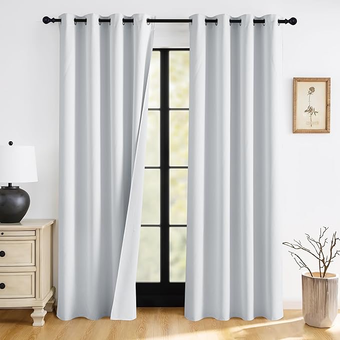 RYB HOME 100% Blackout White Curtains for Bedroom, Thermal Insulated Total Room Darkening Noise Reducing Curtains for Living Room Nursery, 52 inches Wide by 96 inches Long, 2 Panels Set