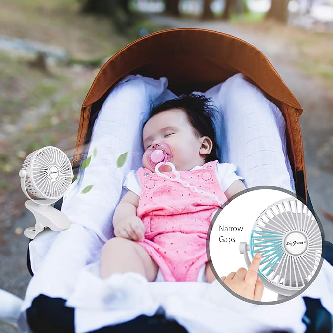 SkyGenius Battery Operated Clip On Baby Stroller Fan (White)