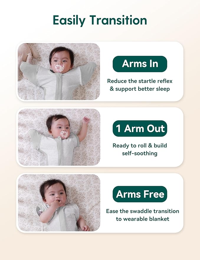 BABELIO Baby Swaddle Temp-Sensing Detachable Zip Sleeves Transitional Arms Up Swaddles 0-3 Months Soft Newborn Sleep Sack Light Gray