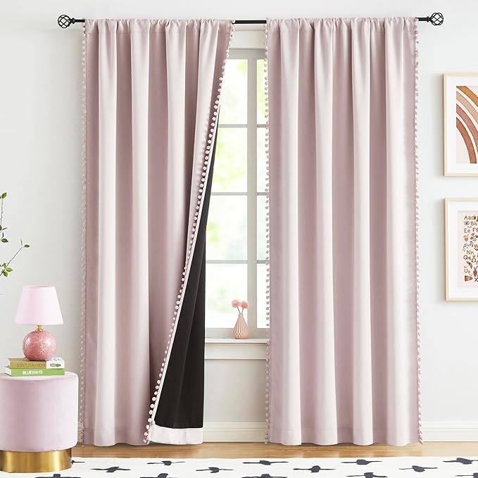 Pink Blackout-Curtains for Bedroom Pom Pom Thermal Insulated 100% Full Blackout Curtain Panels for Girls Baby Nursery Room 84 inch Energy Efficient Window Drapes for Kids 52"w x2 Panels Rod Pocket