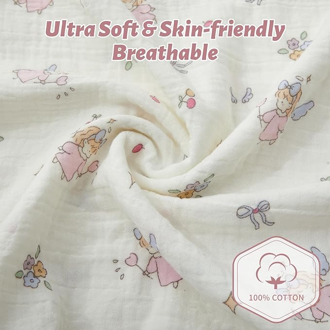 SiinvdaBZX 2 Pack Muslin Crib Sheets for Girls, Ultra Soft Cotton Breathable Fitted Baby Crib Mattress Sheets for 52"x28" Standard Toddler Mattress (Little Fairy + Flower)