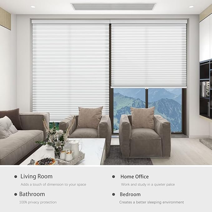 Changshade Cellular Shades Cordless Blinds for Indoor Windows, Honeycomb Blinds Pleated Window Shades Light Filtering for Bedroom, Bathroom, Shade Size 72 inch High 52 inch Wide, White