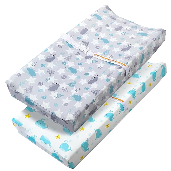 FHMJYH Changing Table Pad Cover Elastic Changing Pad Cover Premium Baby Changing Pad Cover 2 Pack for Boys Girls Soft and Comfortable (Baby Whale and Hedgehog)