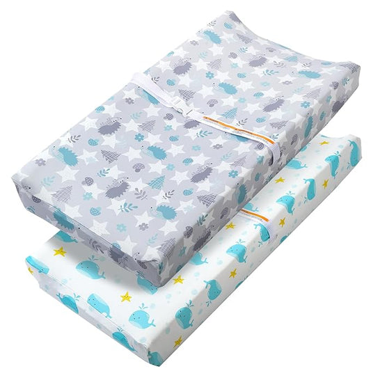 FHMJYH Changing Table Pad Cover Elastic Changing Pad Cover Premium Baby Changing Pad Cover 2 Pack for Boys Girls Soft and Comfortable (Baby Whale and Hedgehog)