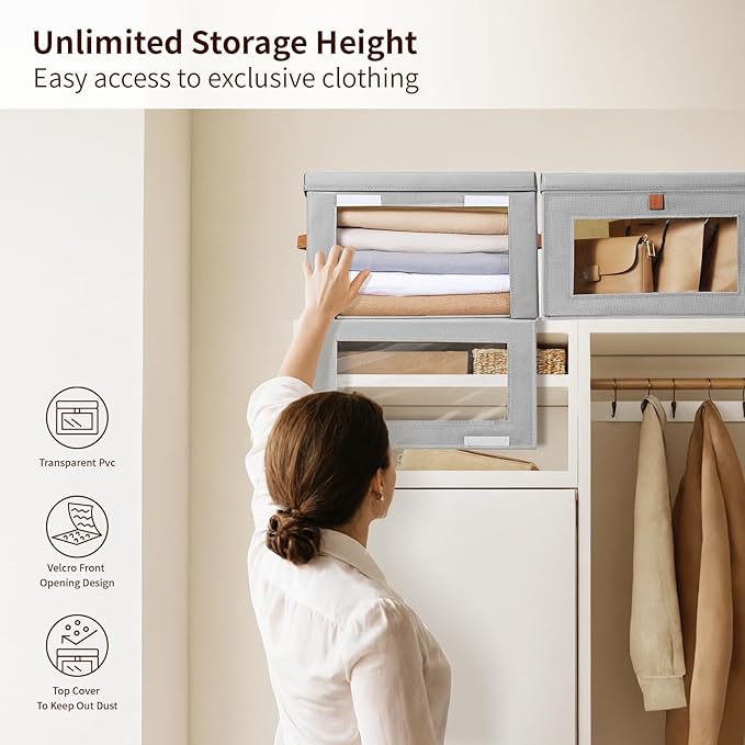 Large Closet Storage Bins - Collapsible Storage Bins with Handles & Window, Fabric Cube Organizer with Lids, Decorative Boxes for Living Room, Closet, Dorm, 8 Pack, Grey