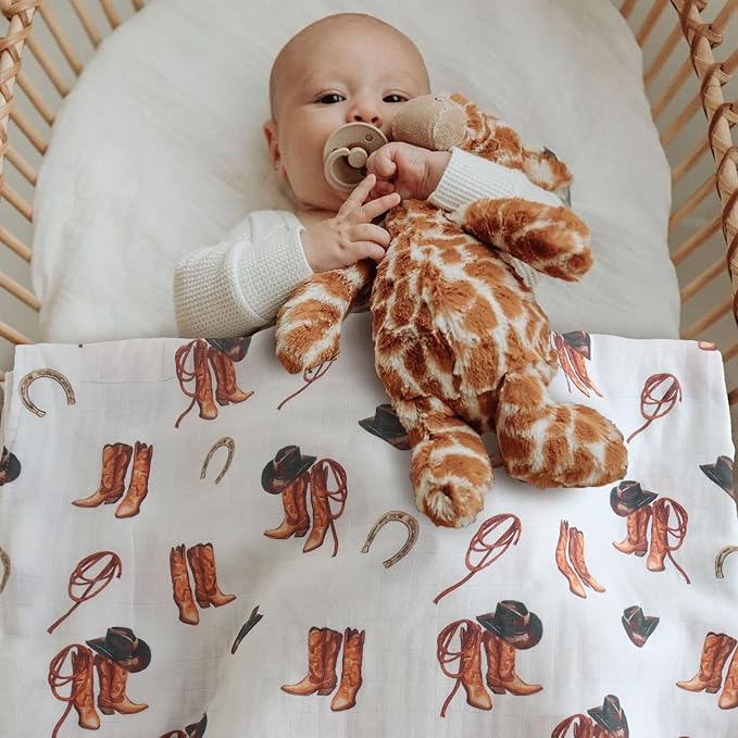 LifeTree Muslin Swaddle Blankets, Western Baby Swaddles for Boys Girls Newborn, Soft Large 47" x 47", Cowboy Boot Print Baby Blanket, 70% Viscose from Bamboo and 30% Cotton