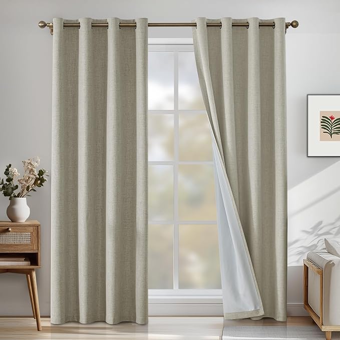 Linen 100% Blackout Curtains for Bedroom, Black Out Curtains 72 Inch Long, Room Darkening Curtains for Living Room, Long Curtain Grommets Drapes, Thermal Curtains(2 Panels, Natural)