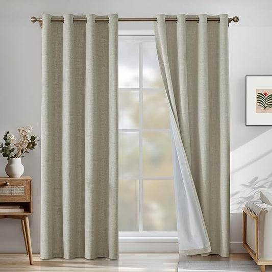 Linen 100% Blackout Curtains for Bedroom, Black Out Curtains 72 Inch Long, Room Darkening Curtains for Living Room, Long Curtain Grommets Drapes, Thermal Curtains(2 Panels, Natural)