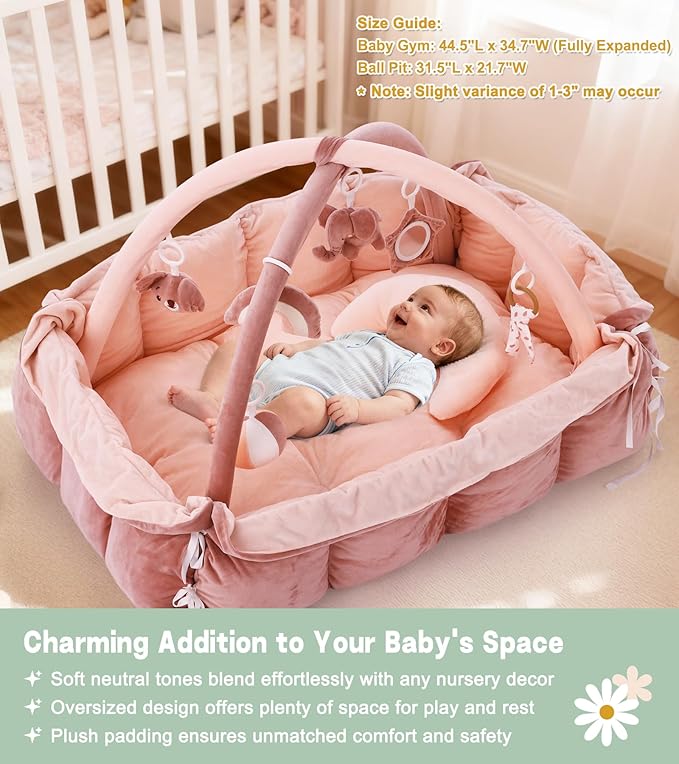 5-in-1 Baby Play Gym and Tummy Time Mat, Tummy Time Pillow & 12 Learning Cards, Plush Activity Mat with 6 Toys, Baby Gym, Convertible to Ball Pit, Baby Gift, Pink