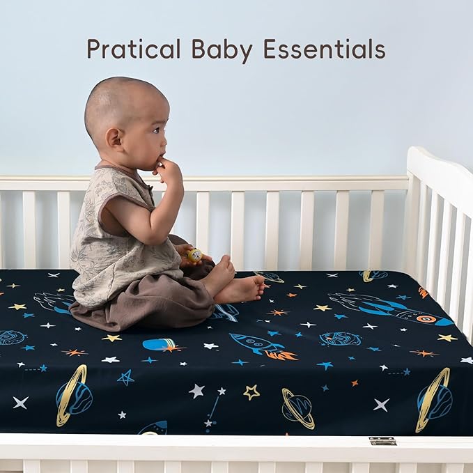 david's kids 4 Pack Fitted Crib Sheets, Ultra Soft Breathable Comfortable Baby Sheet Set for Boys Girls Neutral, 28x52 Inch Fits Standard Crib and Toddler Mattresses, Navy Space
