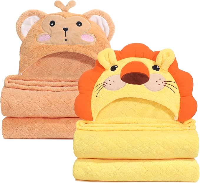 Hooded Baby Towels Boy for 0-6 Years, 50"x 32" Extra Large Toddler Bath Towels with Hood for Boys & Girls, 2-Pack Absorbent Thick Soft Gift for Kids Yellow Lion & Orange Monkey