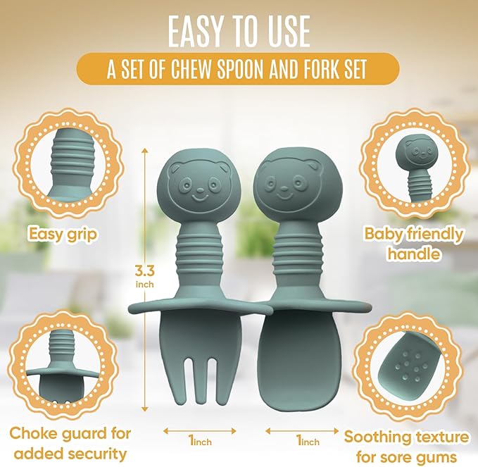 HippoBaby 4pc Silicone Baby Spoons Self Feeding Baby Utensils 6-12 Months - 3 Baby Spoon - 1 Baby Fork - Toddler Cutlery Set - BPA Free, Dishwasher Safe, Baby Eating Essentials (Light pink/Army Green)
