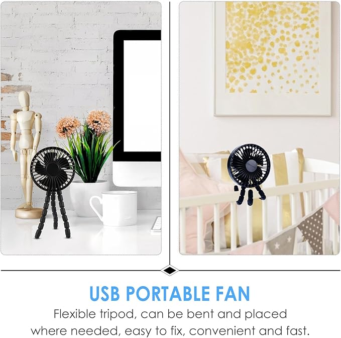VICASKY Portable Mini Clip-on Stroller Fan for Babies, USB Rechargeable Quiet Handheld Cooling Air Cooler, Black, Suitable for Outdoor Travel and Office Use