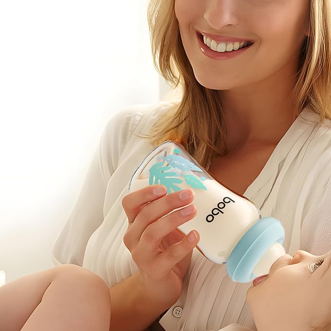 YOHKOH Natural Glass Baby Bottle with Level 1 Slow Flow Nipple, Newborn Anti-Colic Baby Bottles, Wide Neck Mushroom Baby Glass Bottle ((5.4oz (Pack of 2), Blue-A)