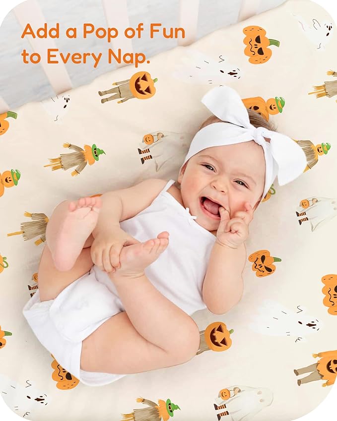 Halloween Pack and Play Sheets Fitted, Mini Crib Sheets 2-Pack for Pack N Play Mattress, Frankenstein, Pumpkin, Ghost
