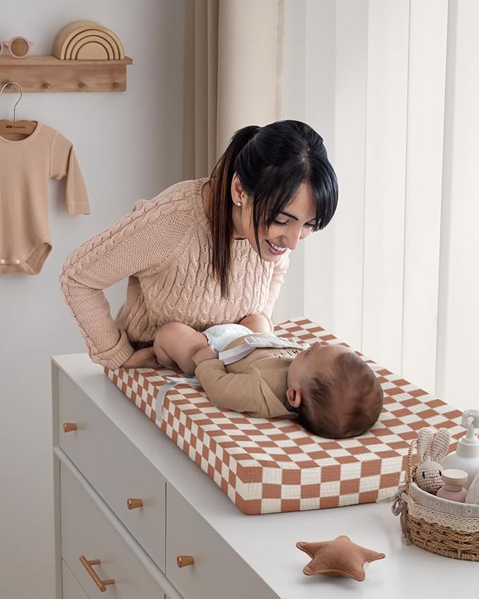 Blissful Diary Muslin Changing Pad Cover for Girls Boys, Ultra Soft Breathable Cotton, Baby Diaper Change Table Pad Covers, 2Pack (Checkered Brown & Brown)