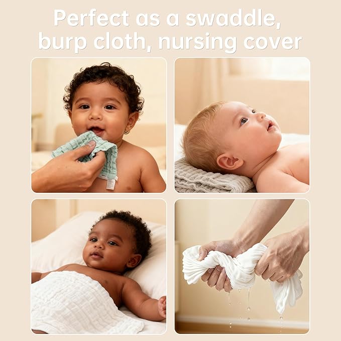 Bear Rocket Organic Muslin Baby Washcloths 6 Pack Baby Bath Face Towel 12x12 Inch Extra Absorbent and Soft Burp Cloth and Wash Cloths for Newborn-Infants On Sensitive Skin (White Green Brown)