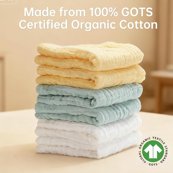 Bear Rocket Organic Muslin Baby Washcloths 6 Pack Baby Bath Face Towel 12x12 Inch Extra Absorbent and Soft Burp Cloth and Wash Cloths for Newborn-Infants On Sensitive Skin (White Green Yellow)